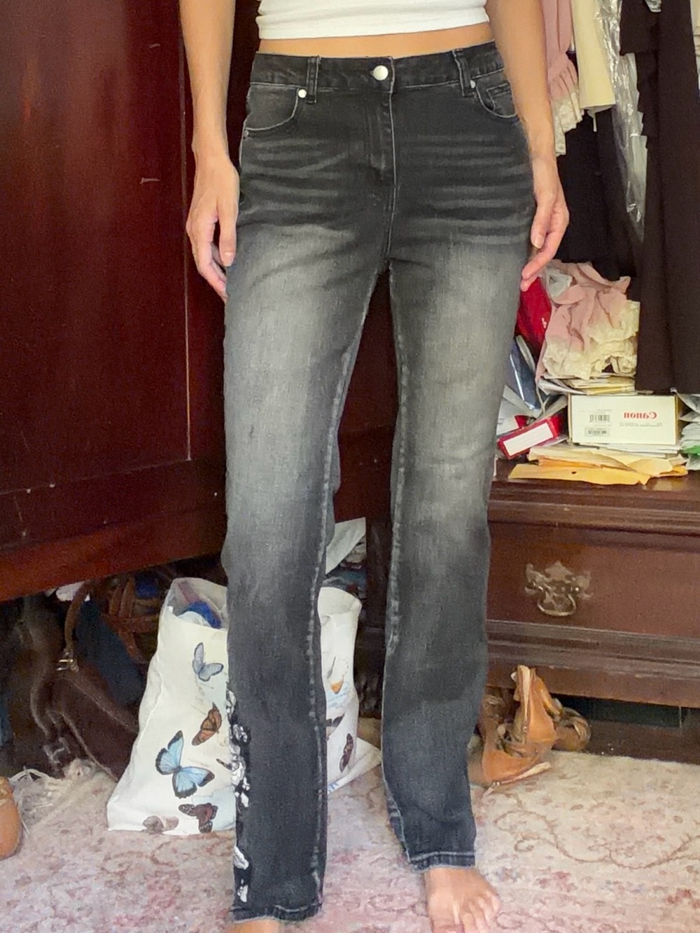 Boot-Cut Women's Jeans in Black Wash with Subtle Side Embroidery